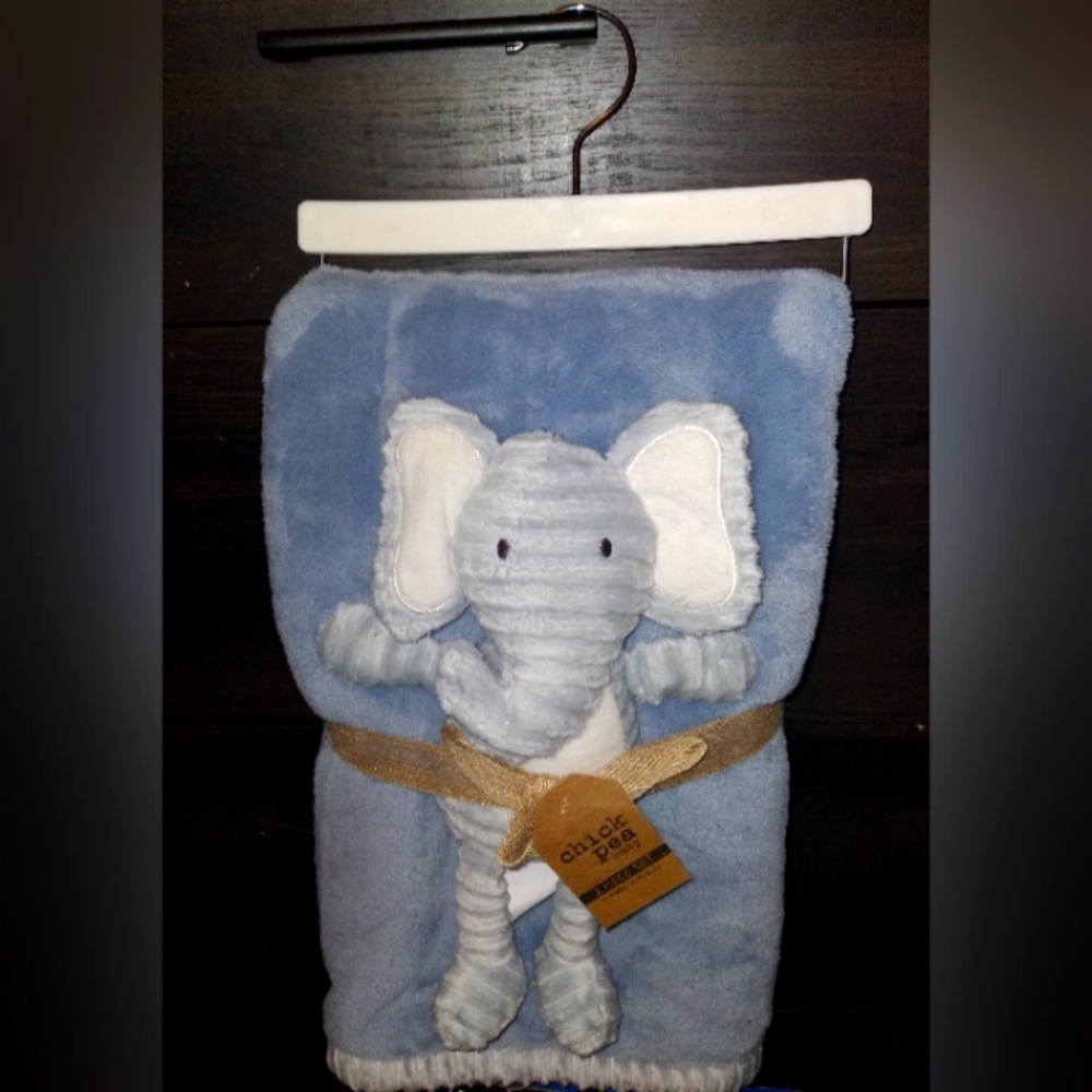 Chick Pea Blue Baby Blanket Set Gray Ribbed Plush Elephant